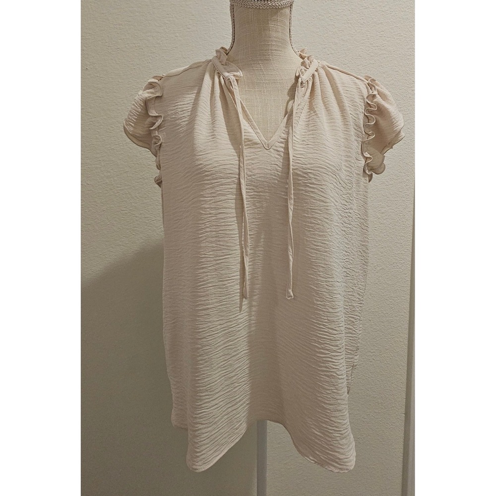 Tamara H. Womens Beige Ruffle Neckline Short Sleeve Drawstring Blouse Large